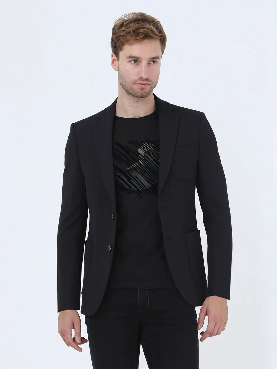 Siyah Çizgili Slim Fit Örme Takım Elbise - 5