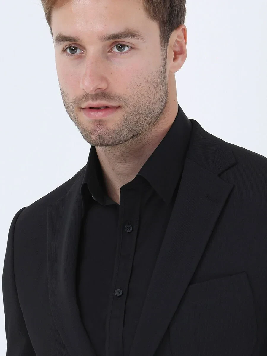 Siyah Çizgili Slim Fit Örme Takım Elbise - 8