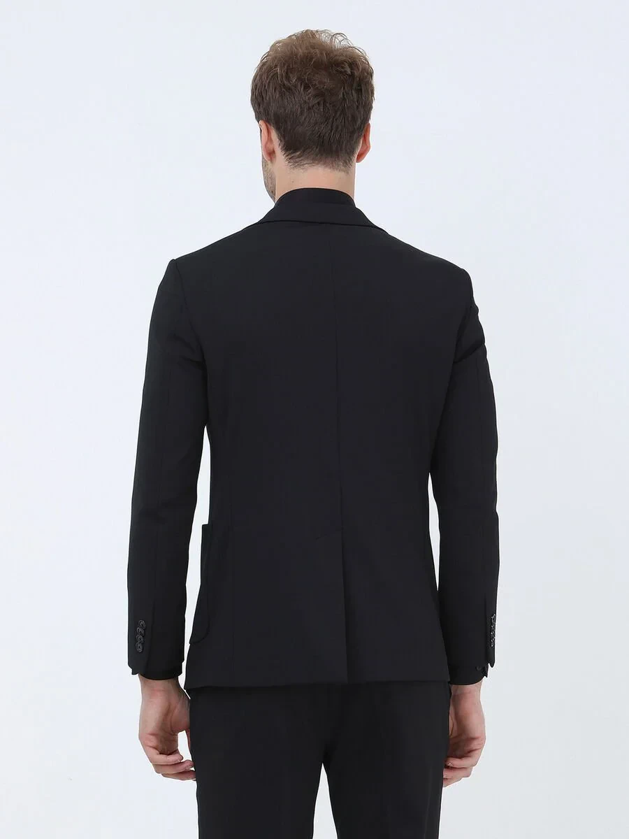 Siyah Çizgili Slim Fit Örme Takım Elbise - 11