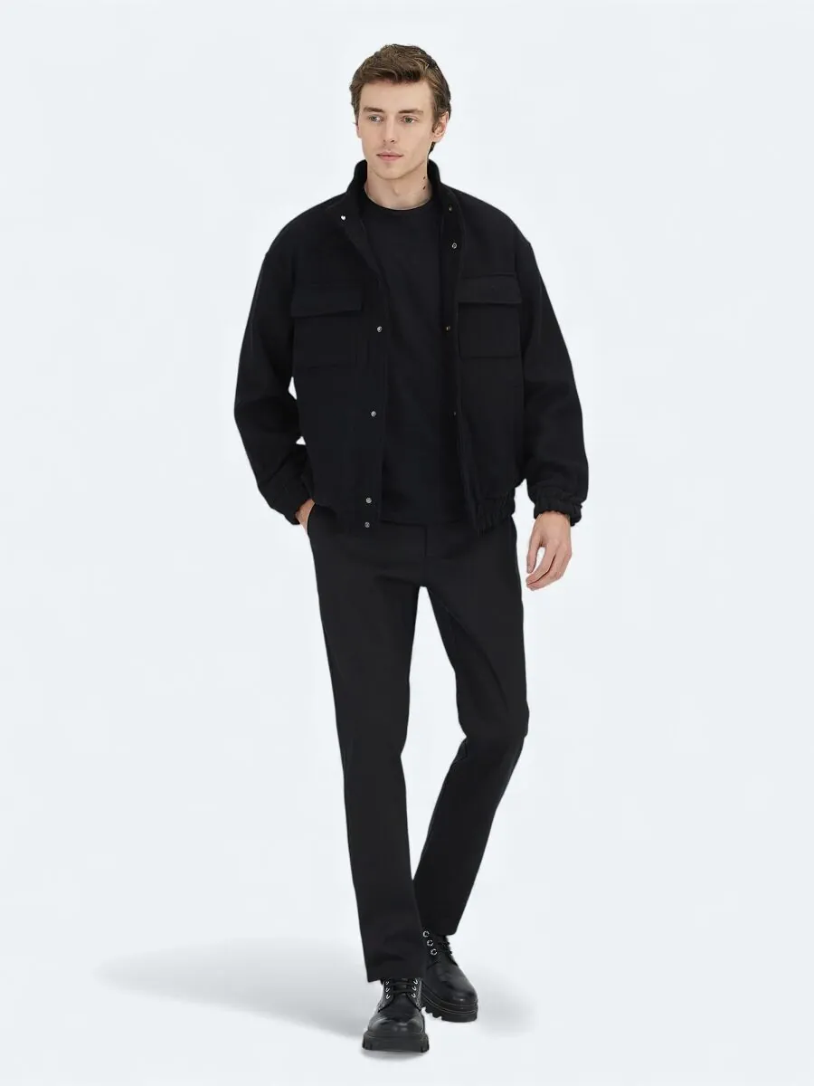 Siyah Comfort Fit Dik Yaka Casual Dokuma Mont - 3