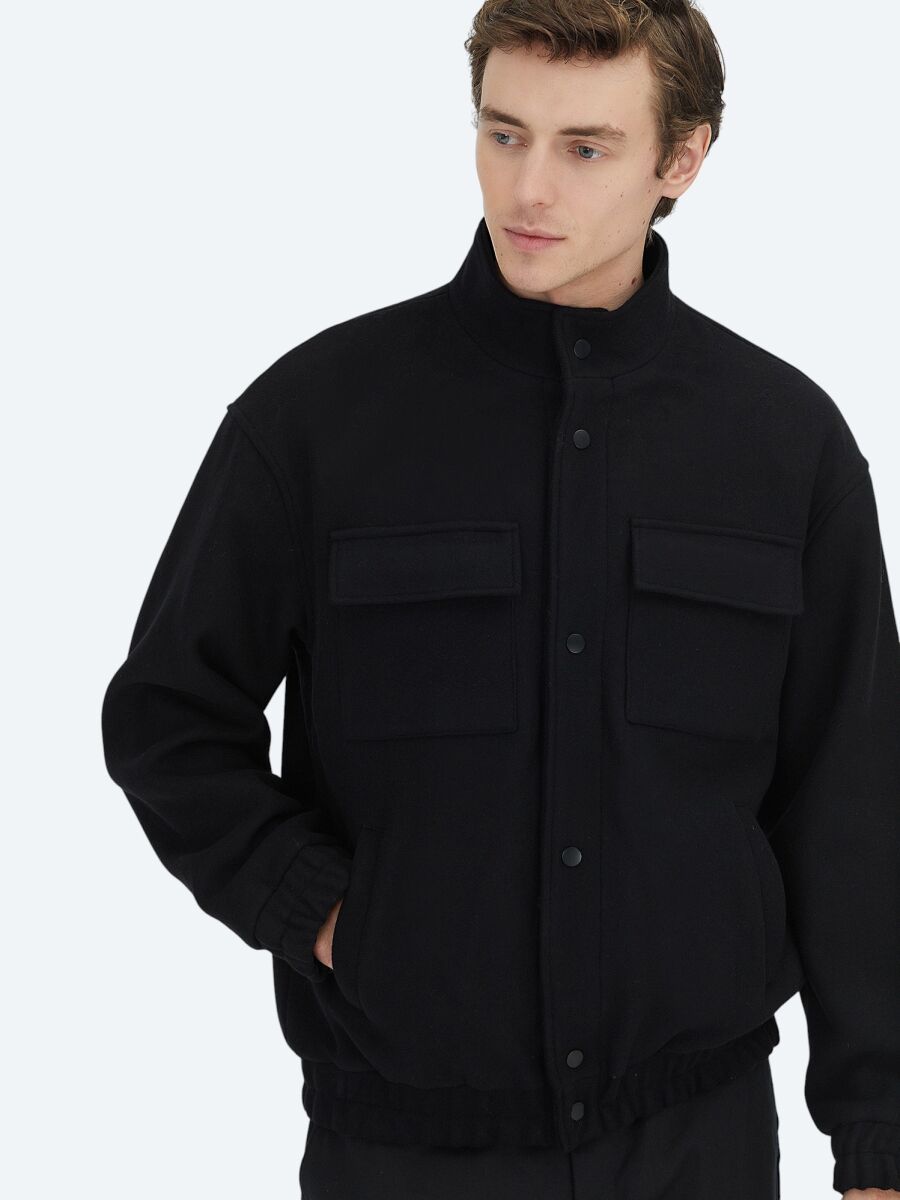 Siyah Comfort Fit Dik Yaka Casual Dokuma Mont - 2