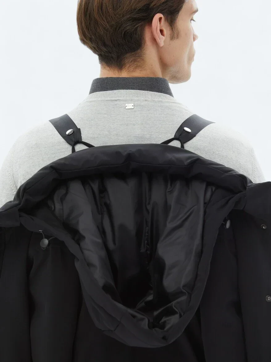 Siyah Comfort Fit Kapüşonlu Casual Dokuma Kaban - 10