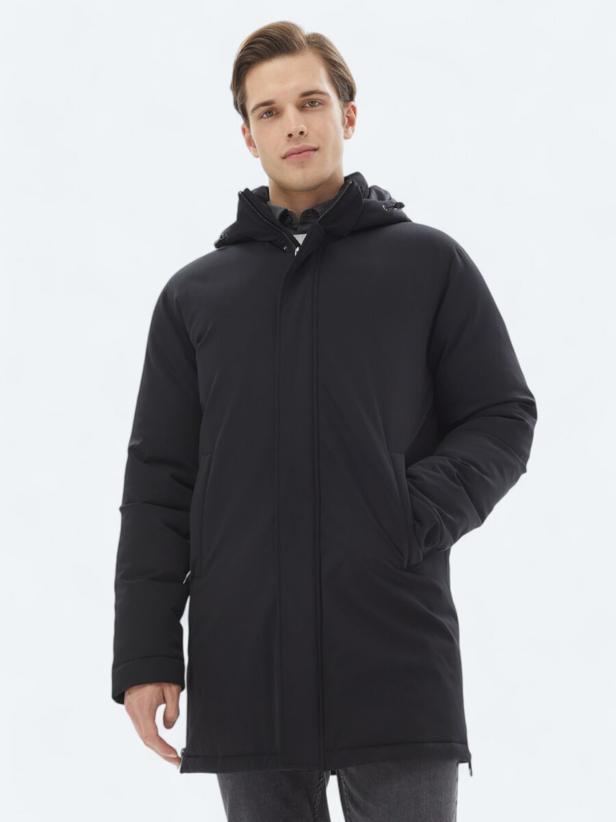 Siyah Comfort Fit Kapüşonlu Casual Dokuma Kaban - 1