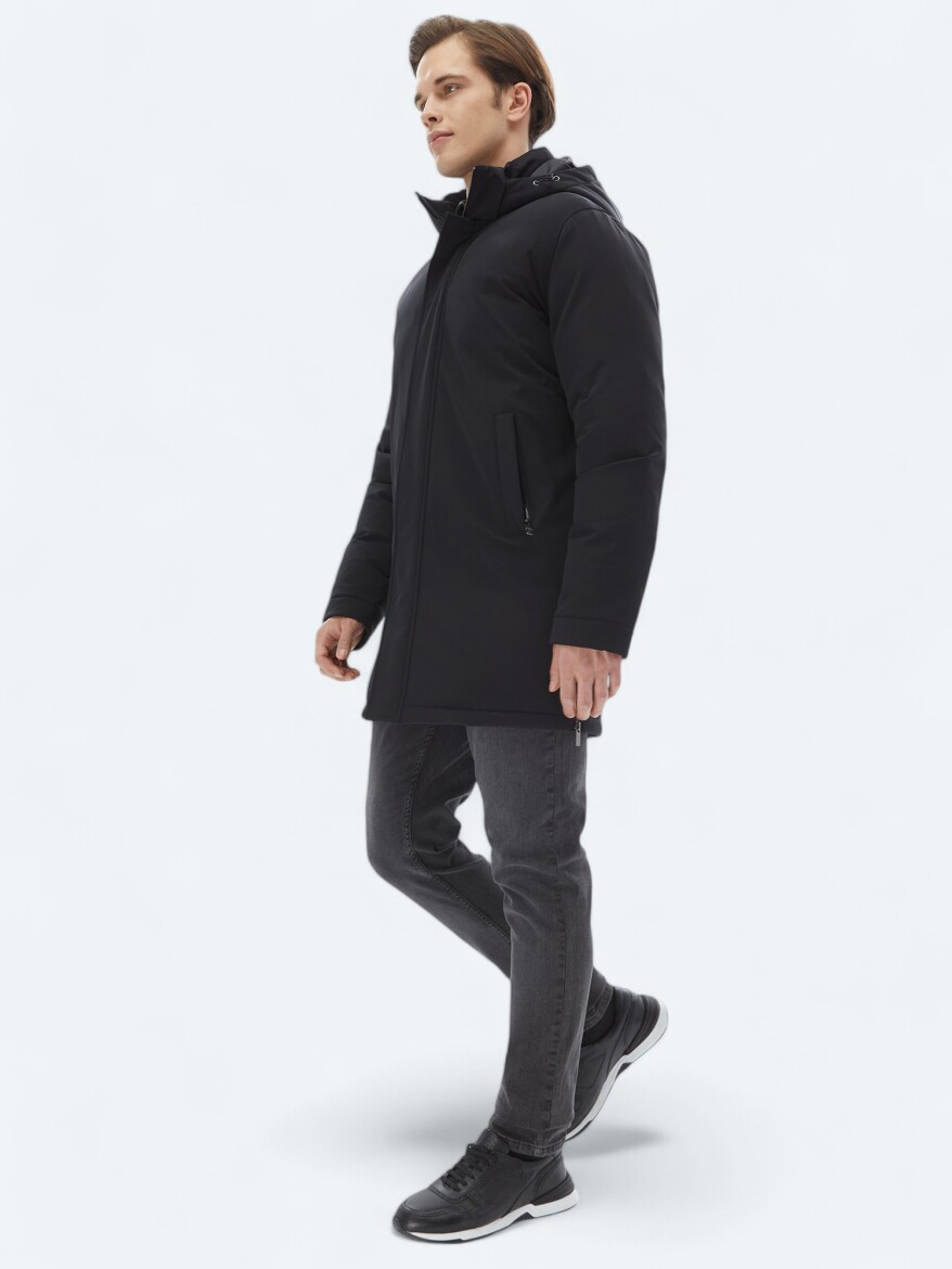 Siyah Comfort Fit Kapüşonlu Casual Dokuma Kaban - 2