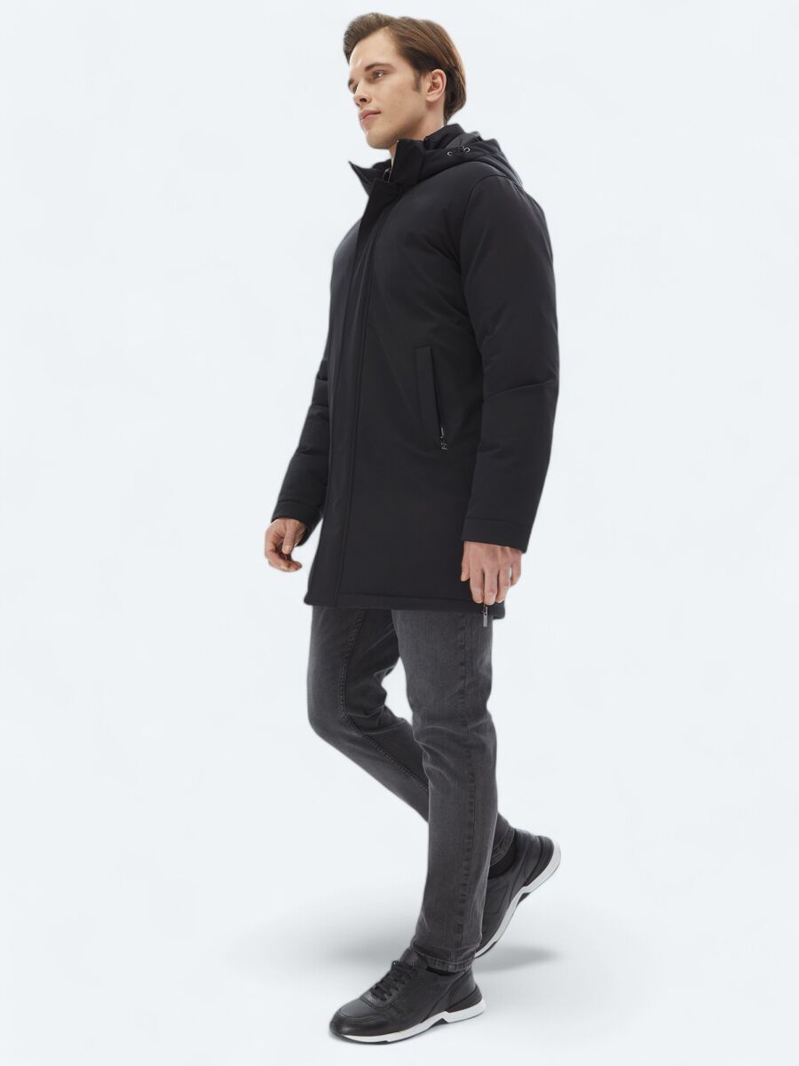 Siyah Comfort Fit Kapüşonlu Casual Dokuma Kaban - 2