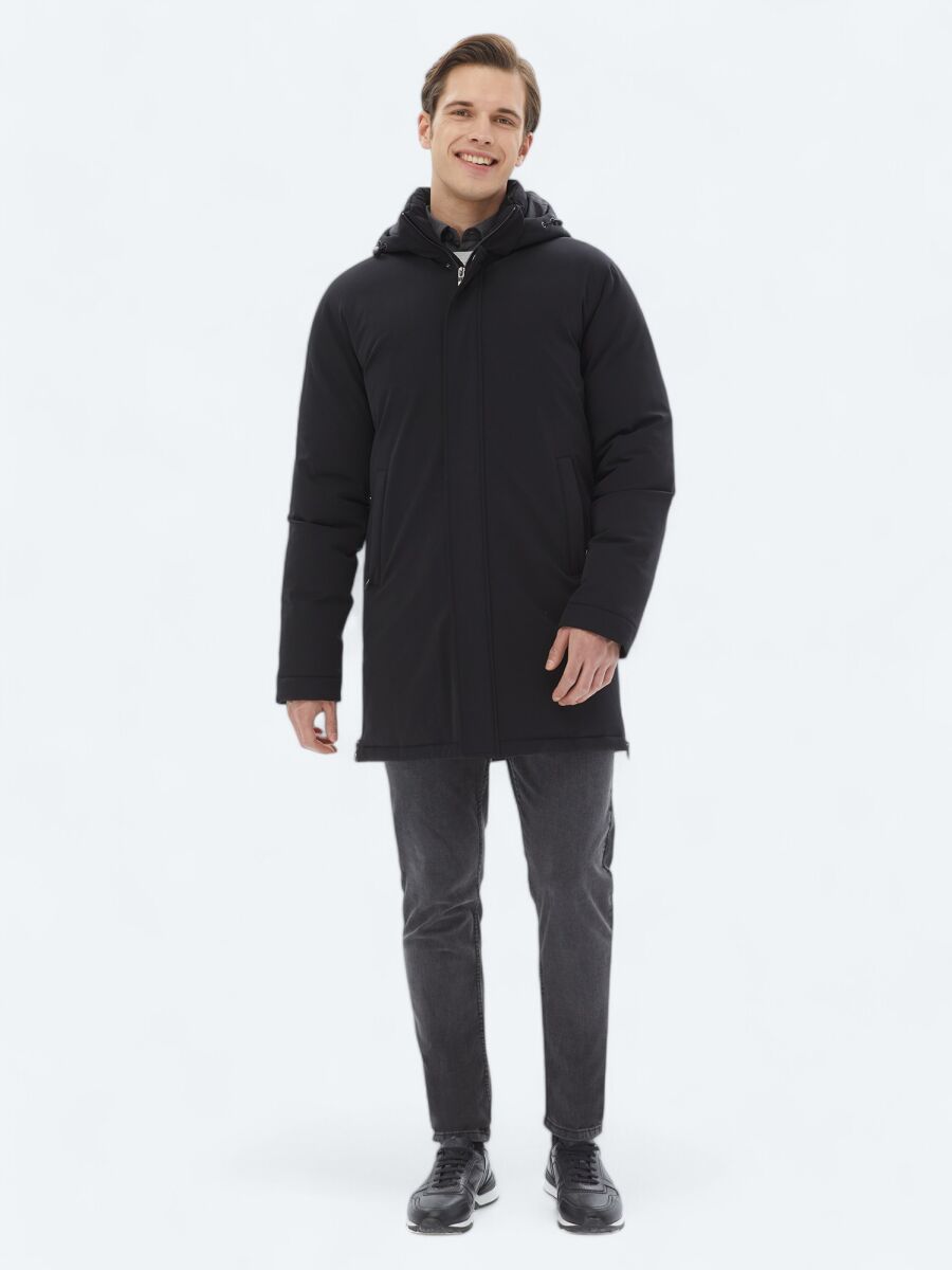 Siyah Comfort Fit Kapüşonlu Casual Dokuma Kaban - 3