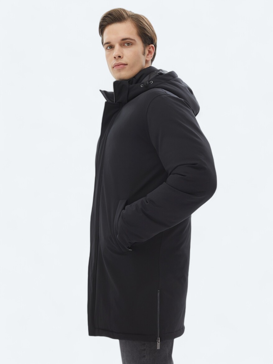 Siyah Comfort Fit Kapüşonlu Casual Dokuma Kaban - 4