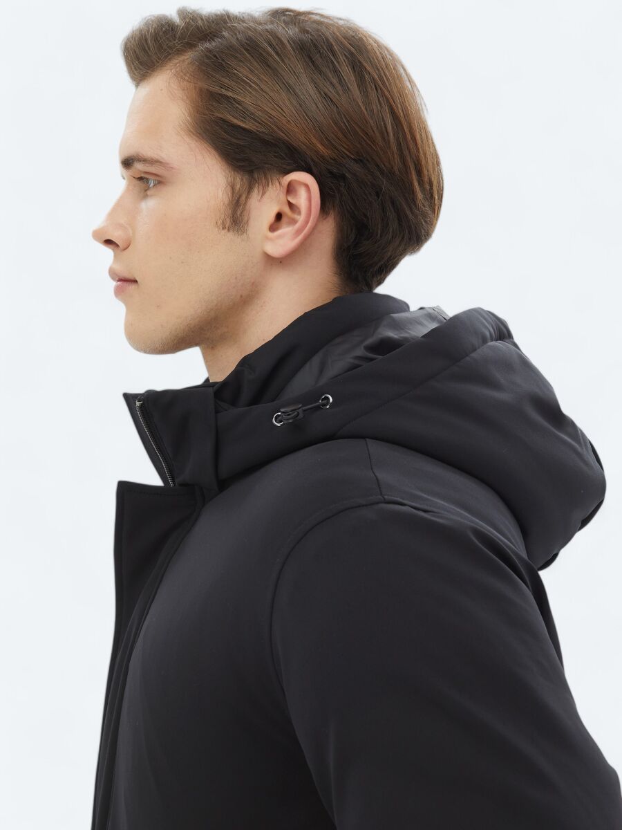 Siyah Comfort Fit Kapüşonlu Casual Dokuma Kaban - 5