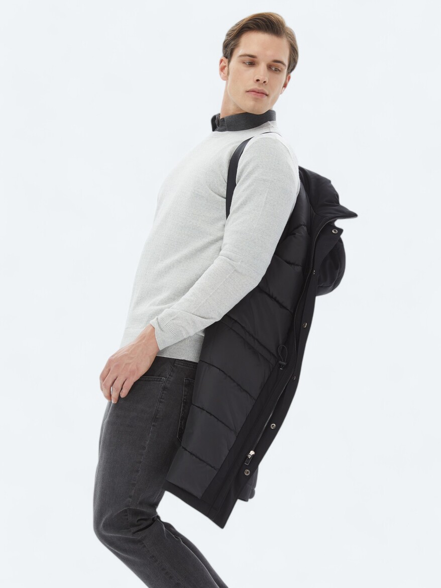 Siyah Comfort Fit Kapüşonlu Casual Dokuma Kaban - 8