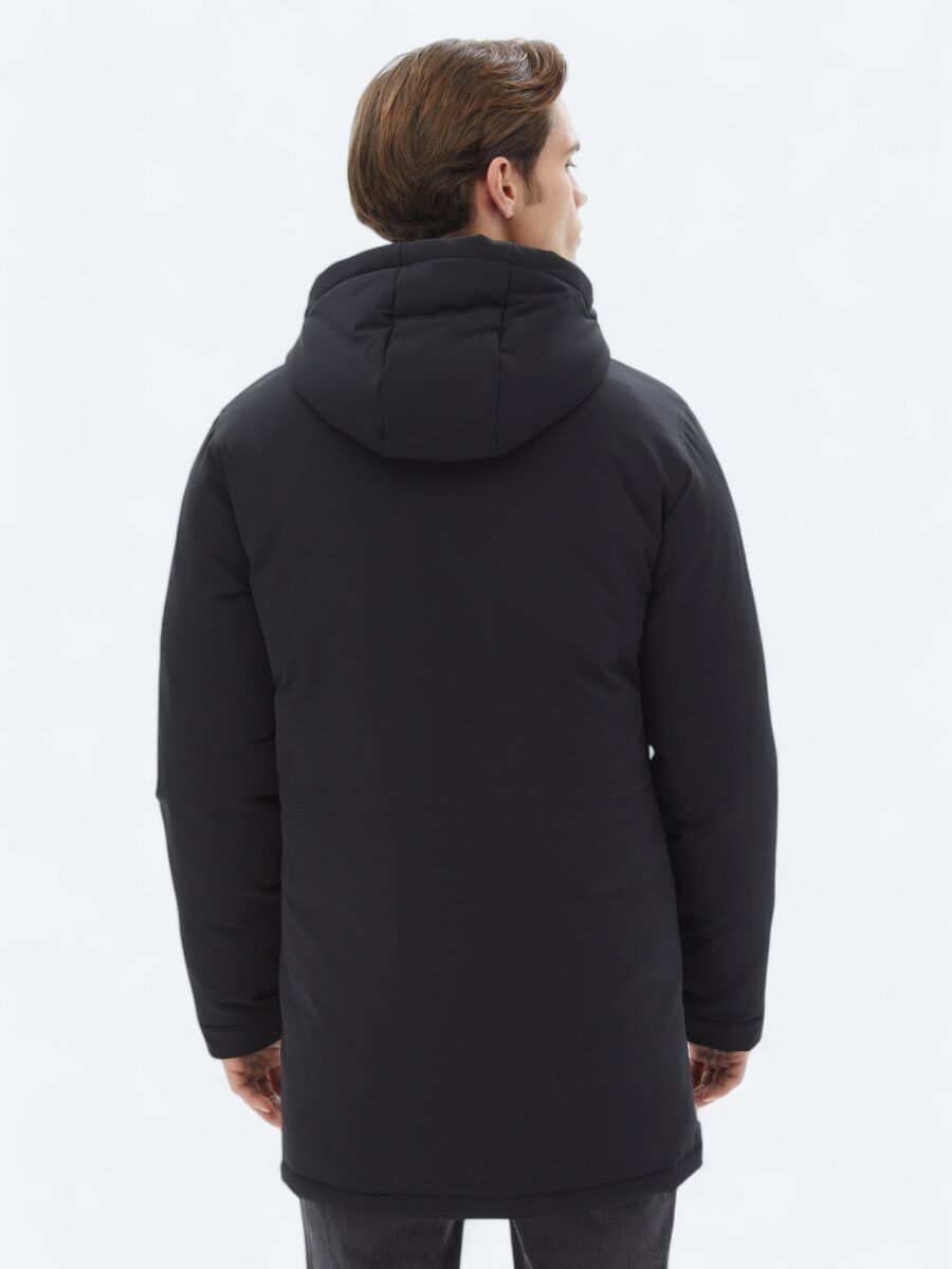 Siyah Comfort Fit Kapüşonlu Casual Dokuma Kaban - 11