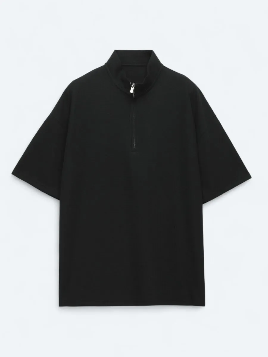 Siyah Desenli Dik Yaka T-Shirt - 5