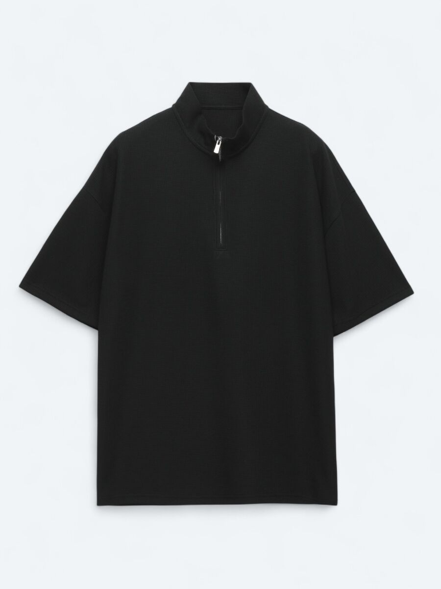 Siyah Desenli Dik Yaka T-Shirt - 5