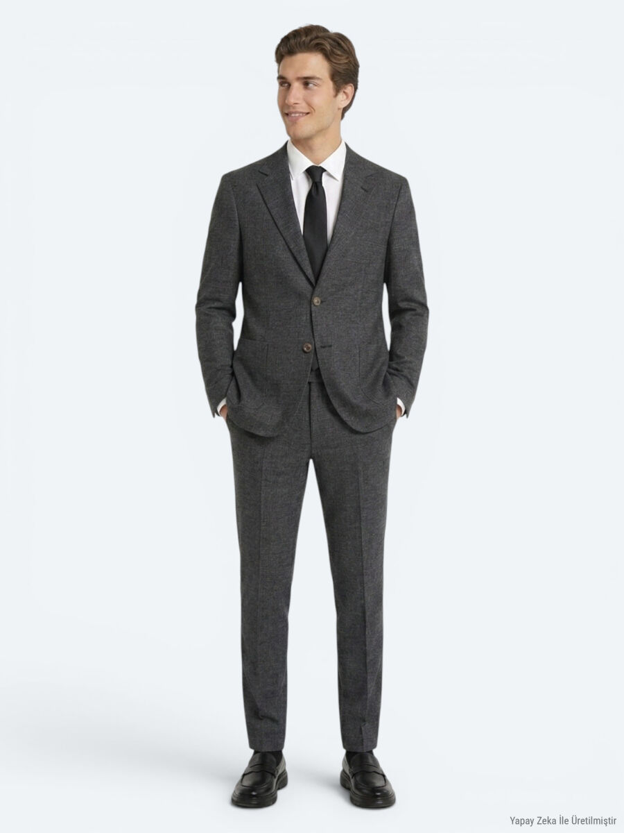 Siyah Desenli Modern Fit Keten Karışımlı Takım Elbise - 1