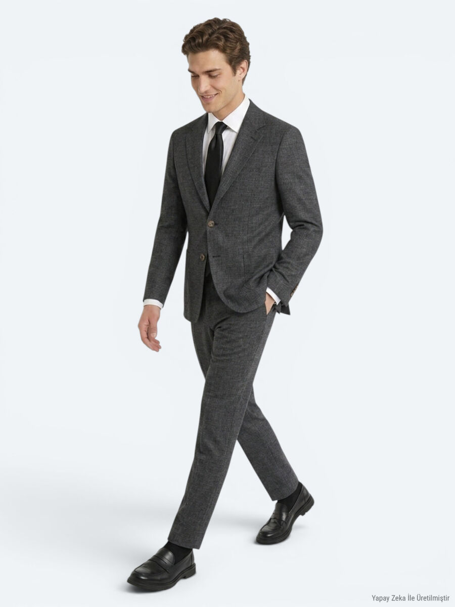 Siyah Desenli Modern Fit Keten Karışımlı Takım Elbise - 3