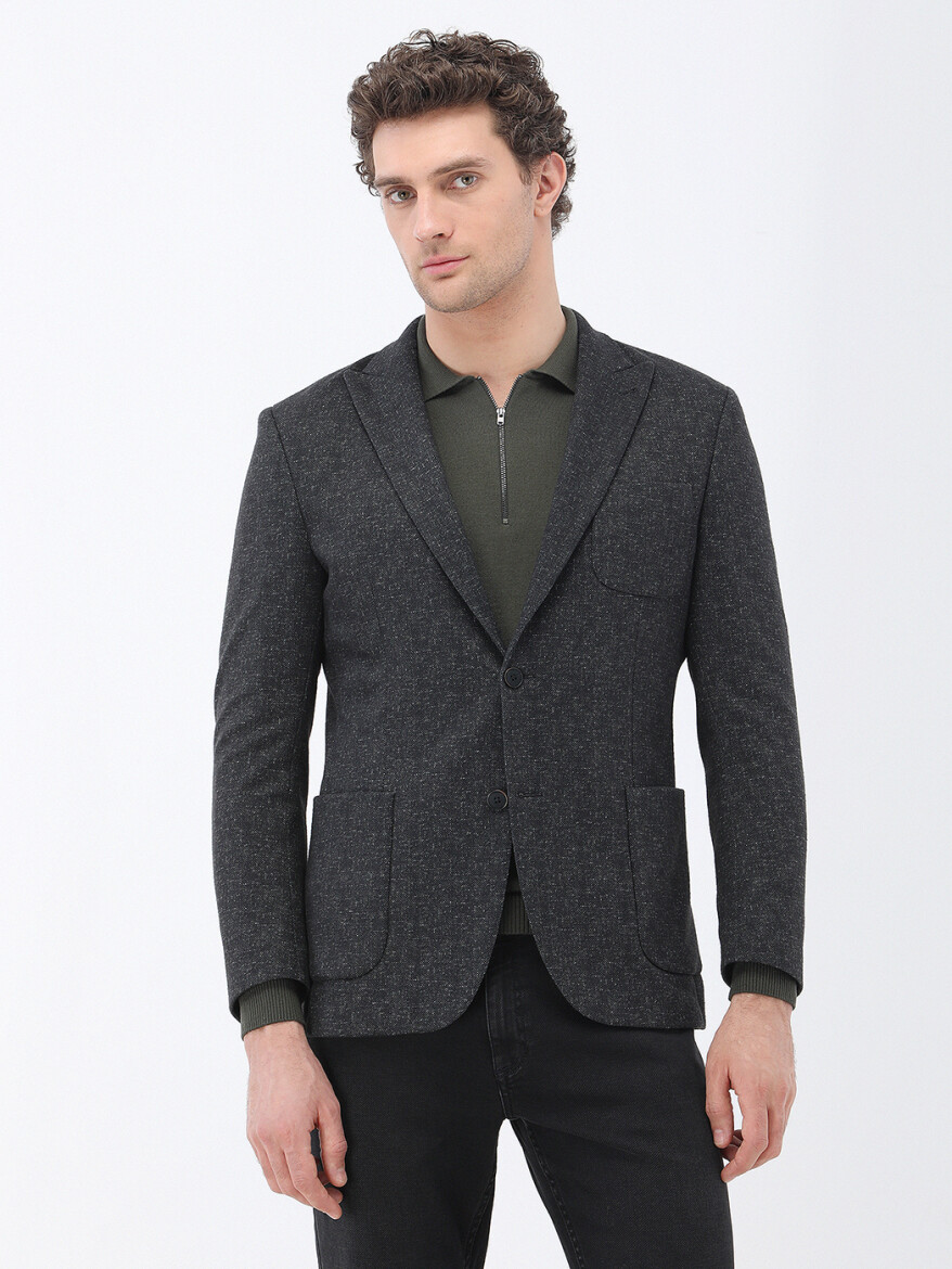 Siyah Desenli Modern Fit Örme Ceket - KİP