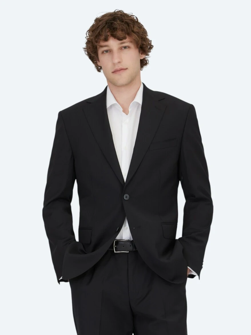 Siyah Desenli Modern Fit Yün Karışımlı Takım Elbise - KİP