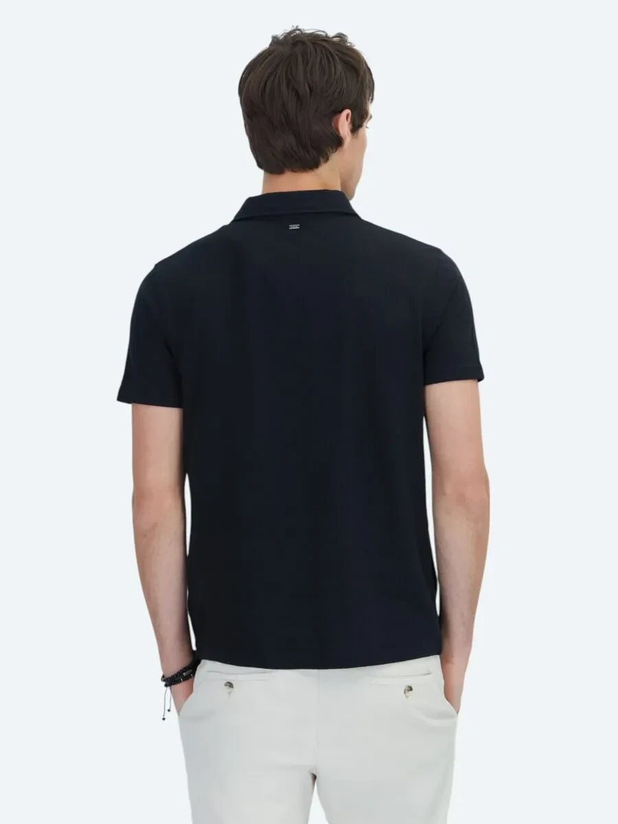 Siyah Desenli Polo Yaka Pamuk Karışımlı T-Shirt - 5