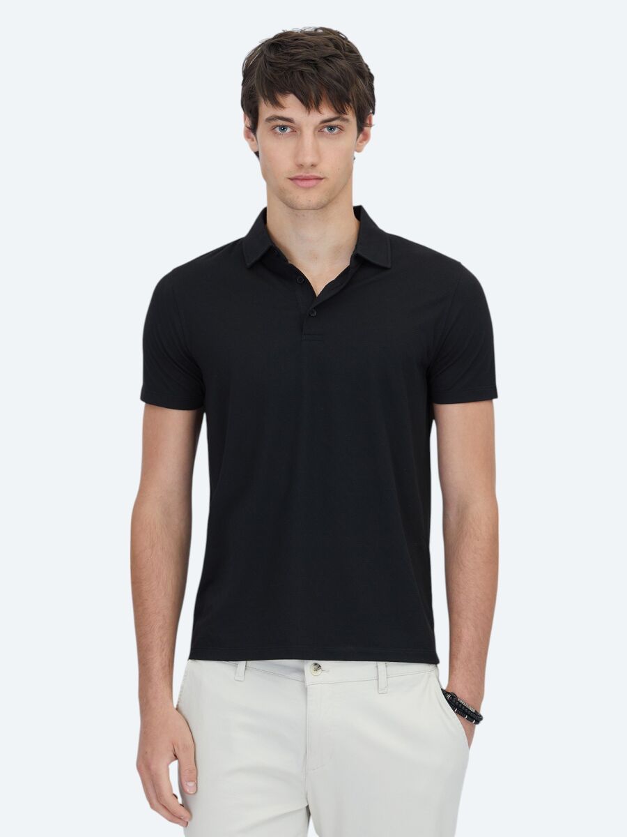 Siyah Desenli Polo Yaka T-Shirt - 1
