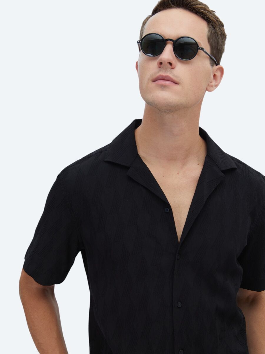 Siyah Desenli Regular Fit Kısa Dokuma Casual Pamuk Karışımlı Gömlek - 4