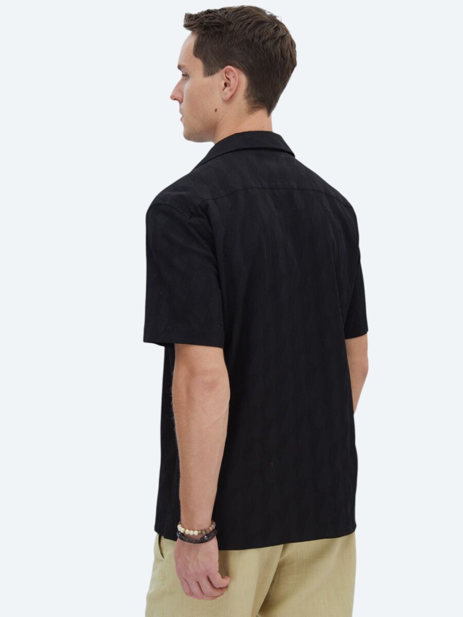 Siyah Desenli Regular Fit Kısa Dokuma Casual Pamuk Karışımlı Gömlek - 6