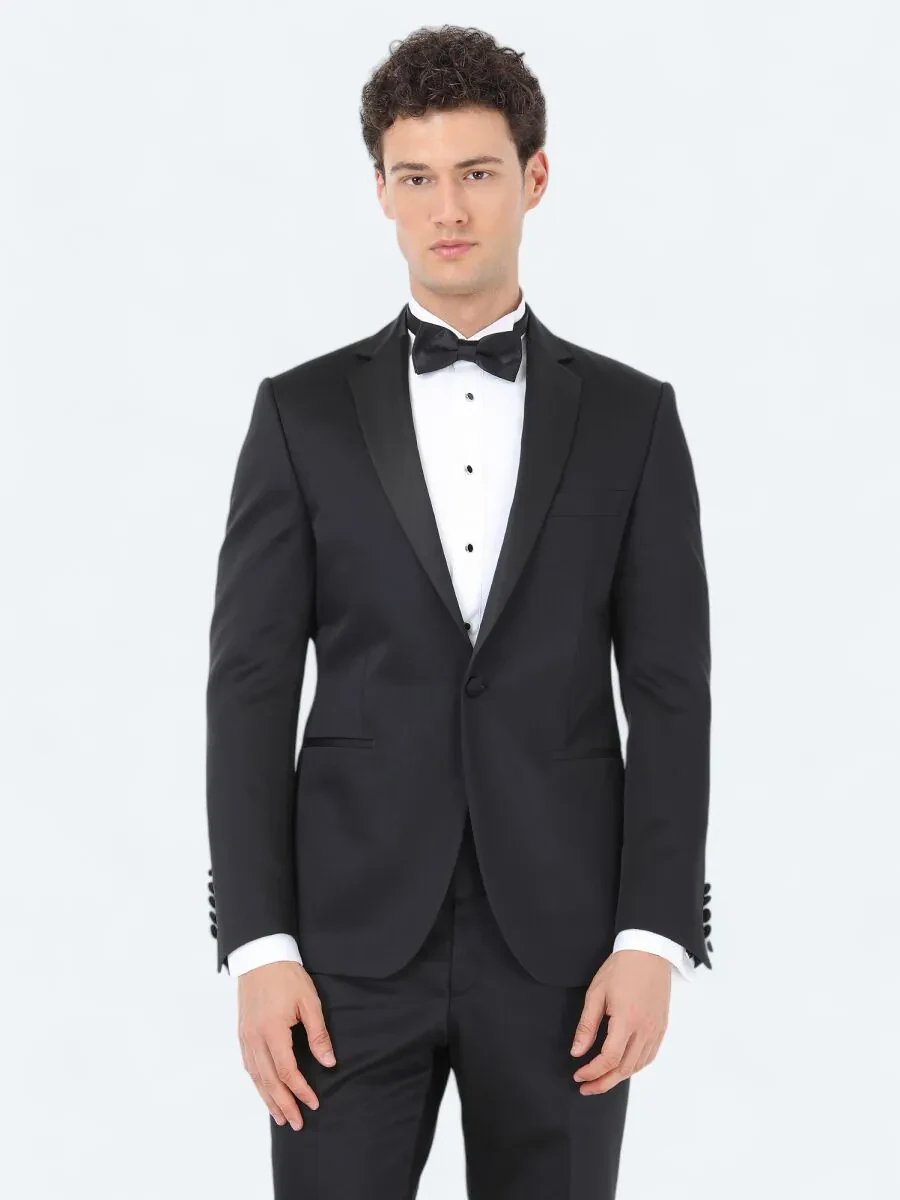 Siyah Desenli Slim Fit Kelebek Yaka Dokuma Smokin Takım Elbise - 1