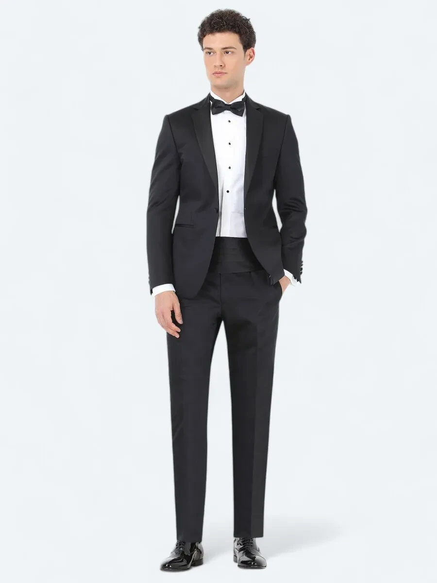 Siyah Desenli Slim Fit Kelebek Yaka Dokuma Smokin Takım Elbise - 2