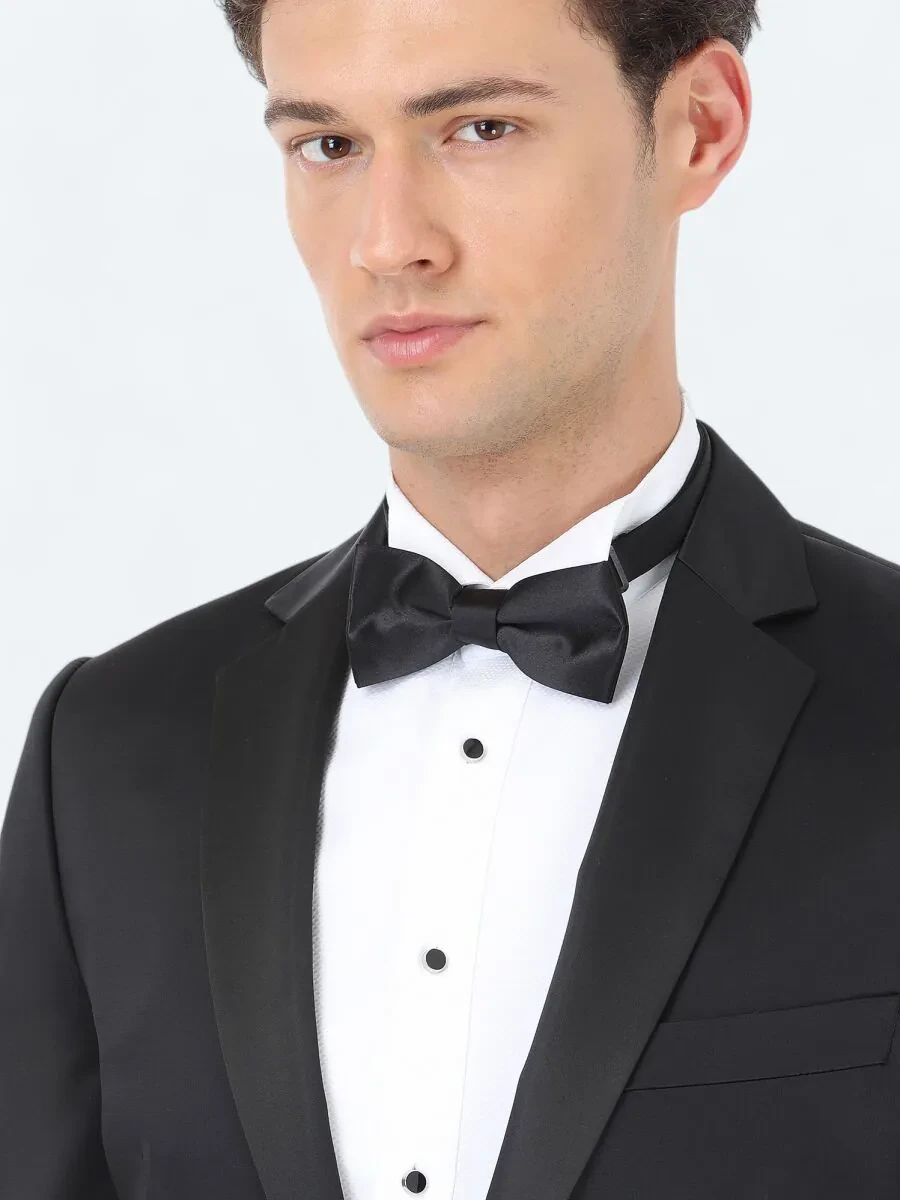 Siyah Desenli Slim Fit Kelebek Yaka Dokuma Smokin Takım Elbise - 3