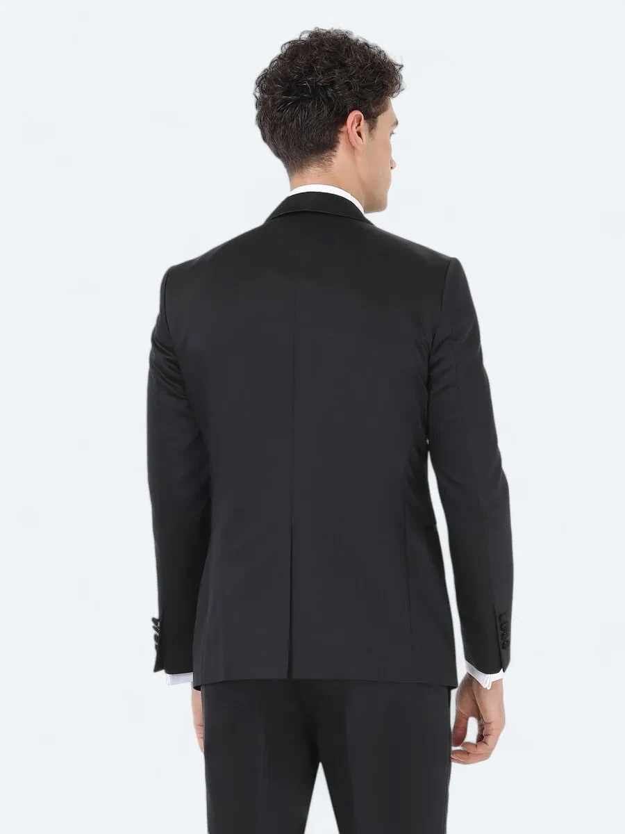 Siyah Desenli Slim Fit Kelebek Yaka Dokuma Smokin Takım Elbise - 5