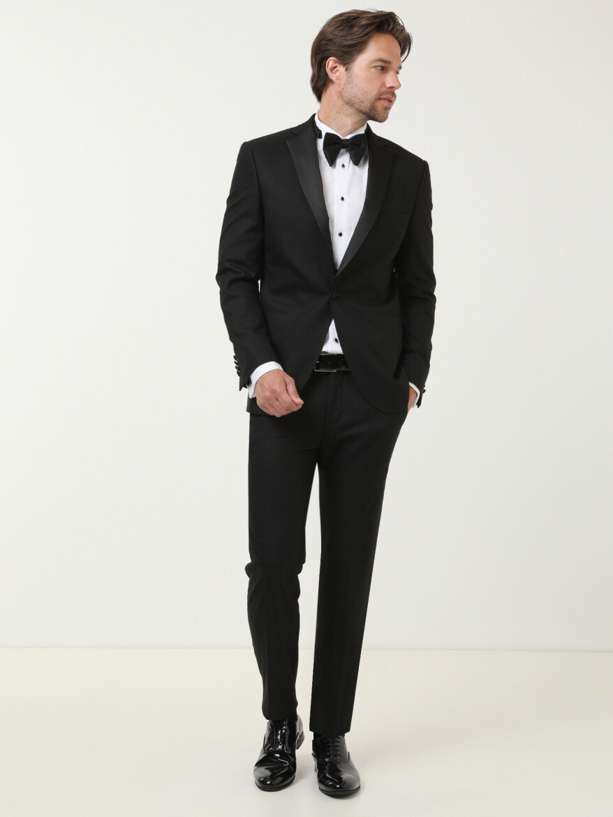 Siyah Desenli Slim Fit Kelebek Yaka Dokuma Smokin Takım Elbise - KİP