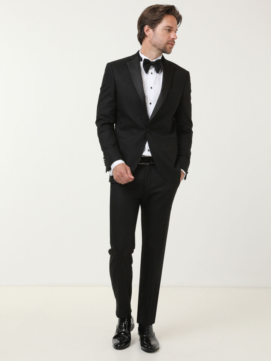 Siyah Desenli Slim Fit Kelebek Yaka Dokuma Smokin Takım Elbise - 2