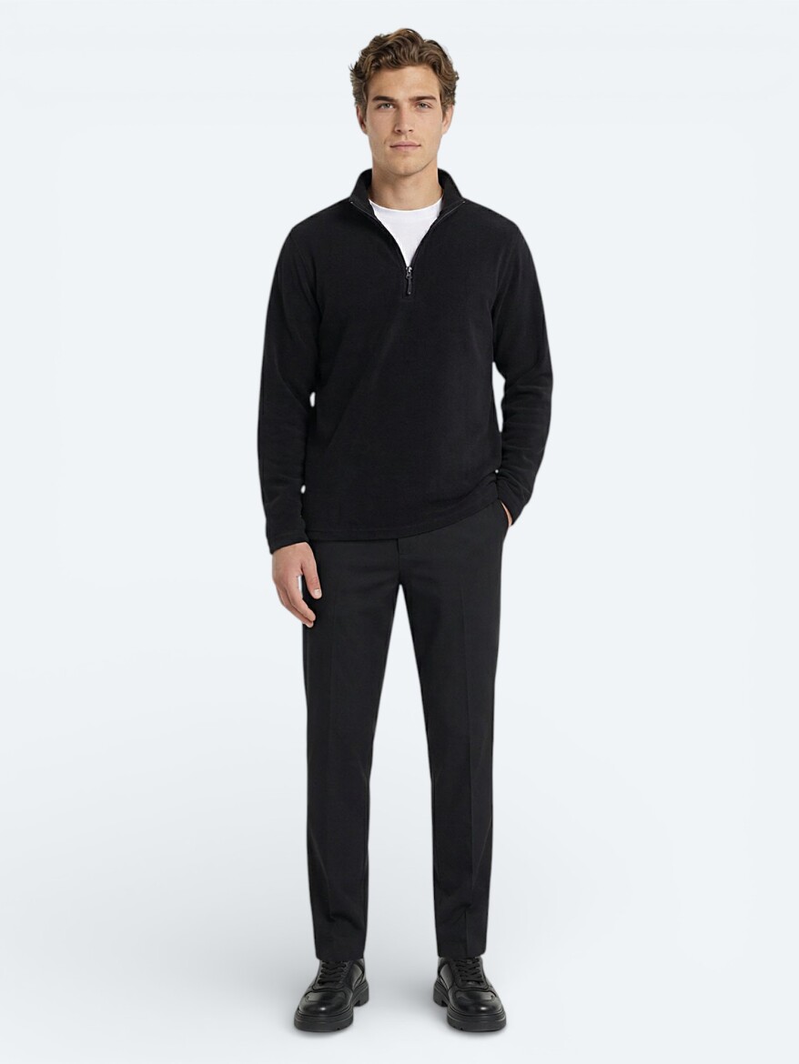 Siyah Dik Yaka Düz Polar Sweatshırt - KİP