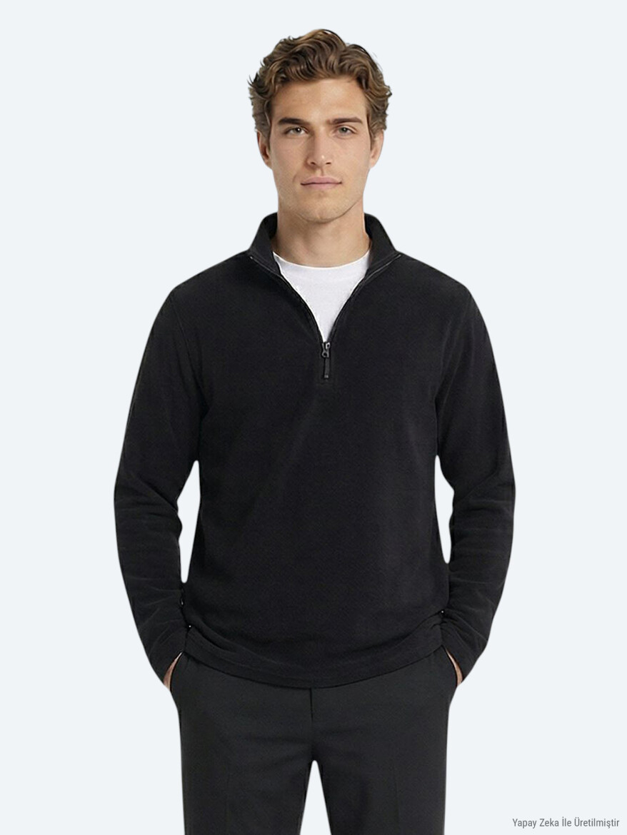 Siyah Dik Yaka Düz Polar Sweatshırt - KİP