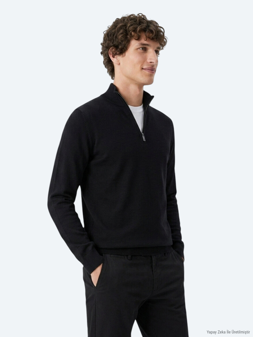 Siyah Dik Yaka Düz Polar Sweatshırt - KİP