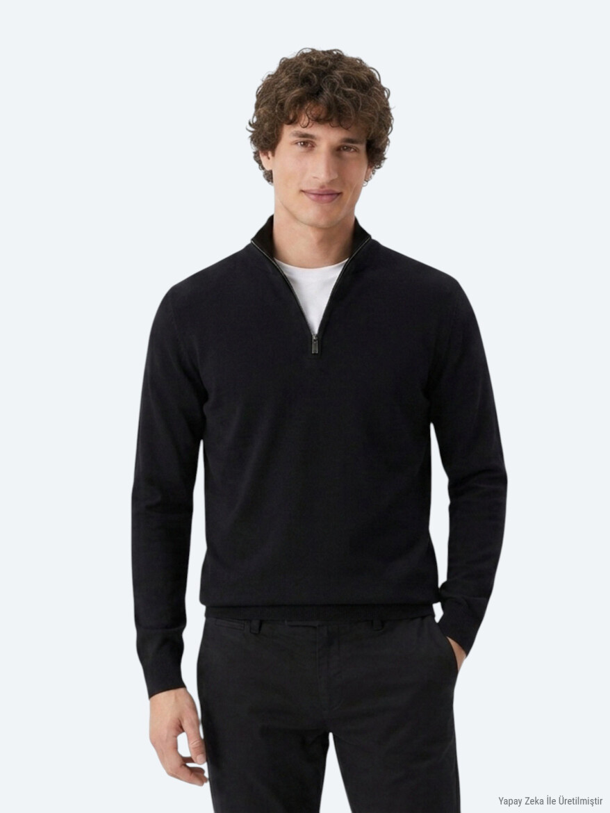 Siyah Dik Yaka Düz Polar Sweatshırt - KİP