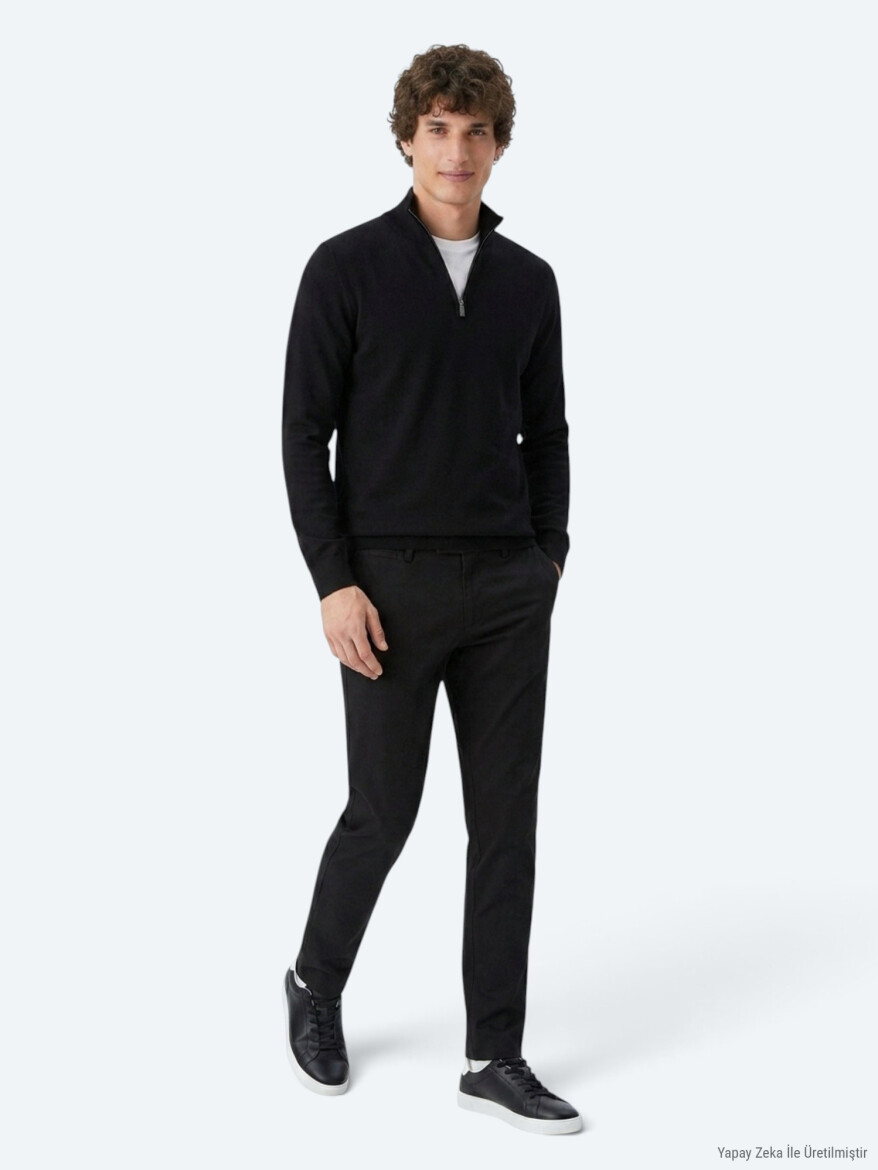 Siyah Dik Yaka Düz Polar Sweatshırt - 4