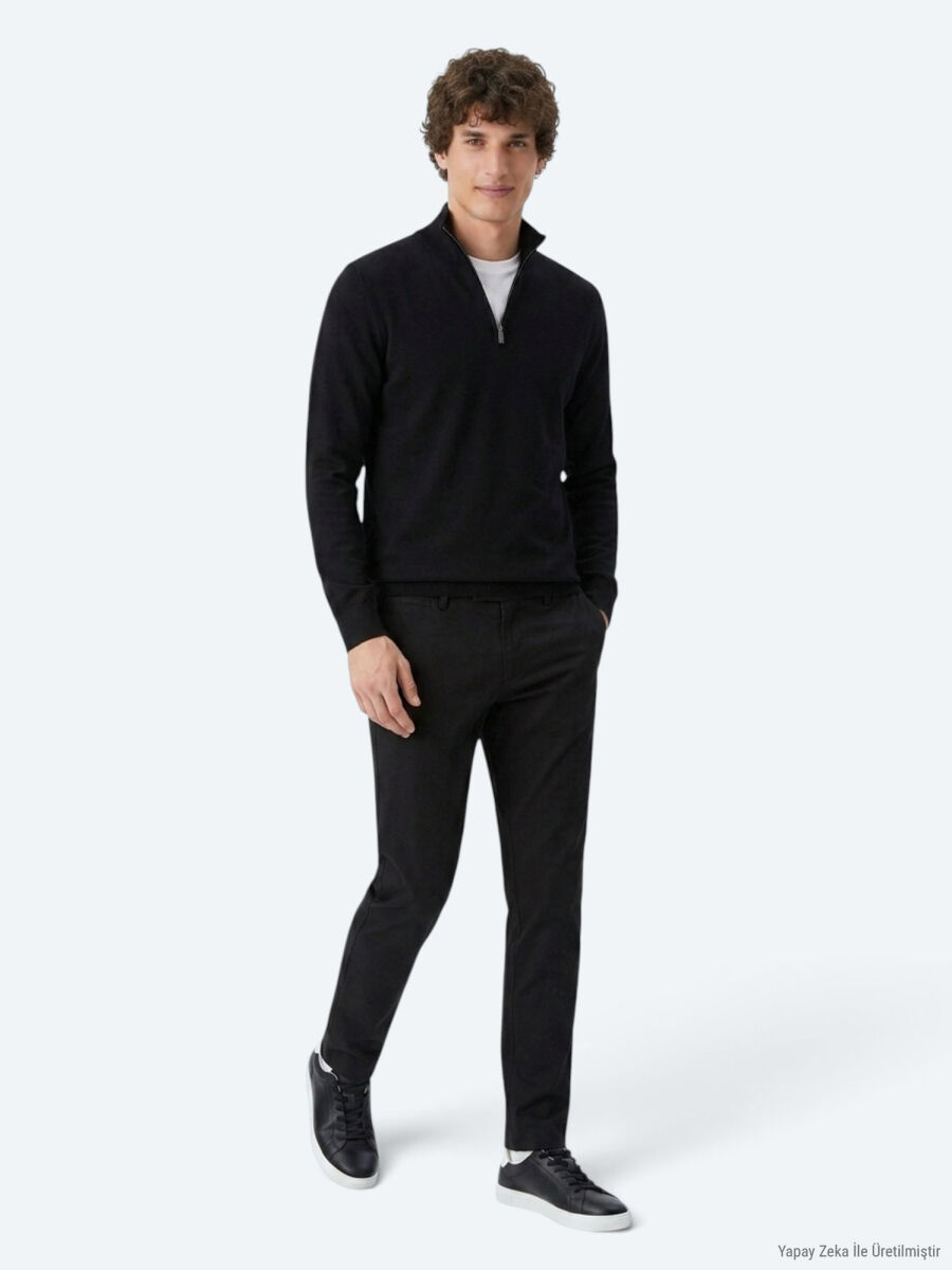 Siyah Dik Yaka Düz Polar Sweatshırt - 4