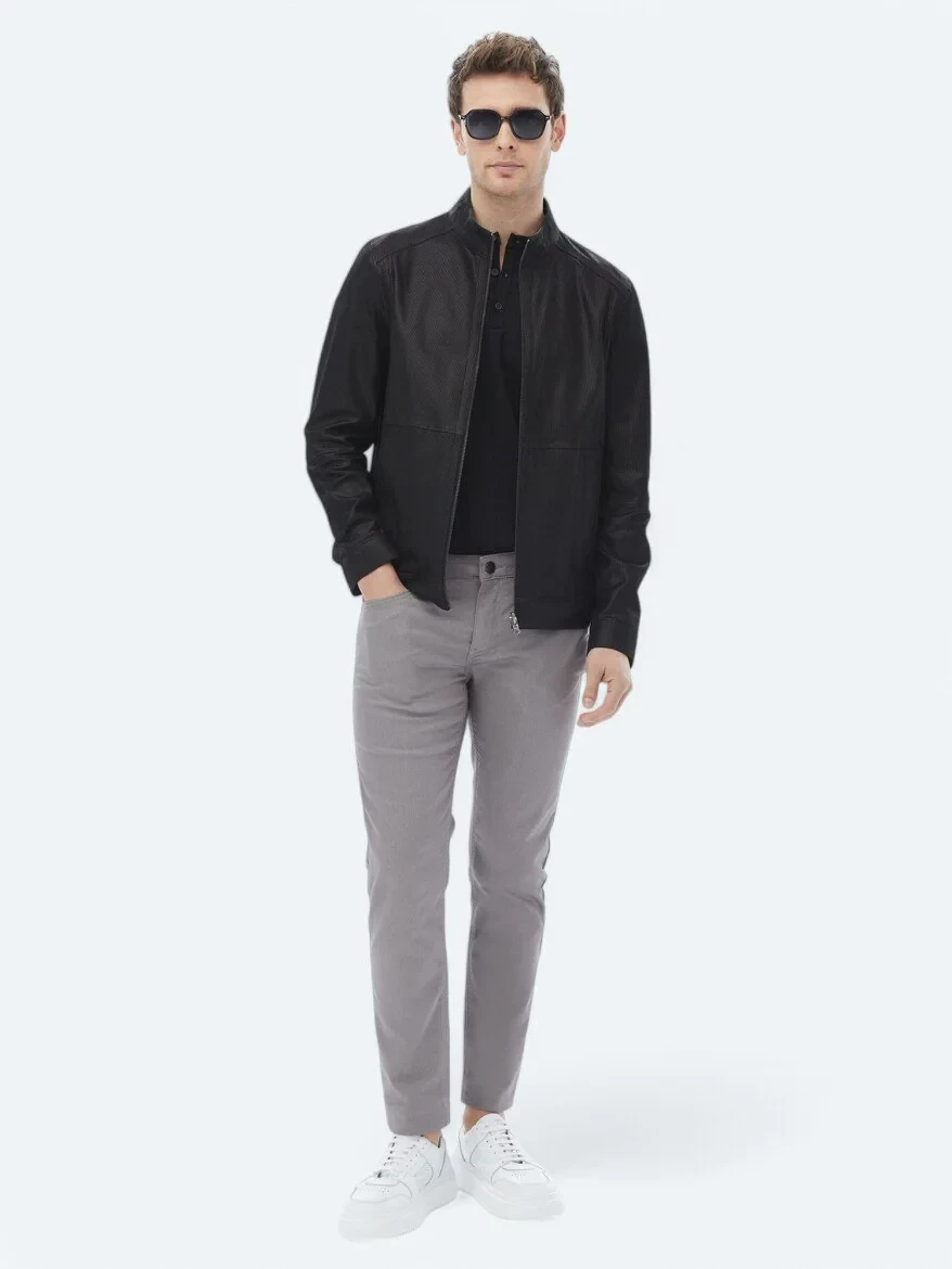 Siyah Dik Yaka Smart Casual Çift Taraflı Deri Mont - 8