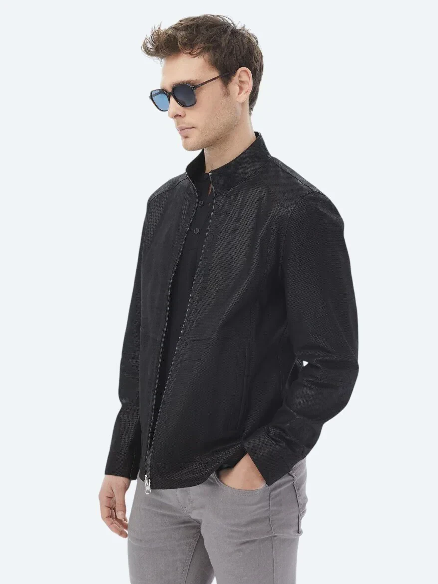 Siyah Dik Yaka Smart Casual Çift Taraflı Deri Mont - 9