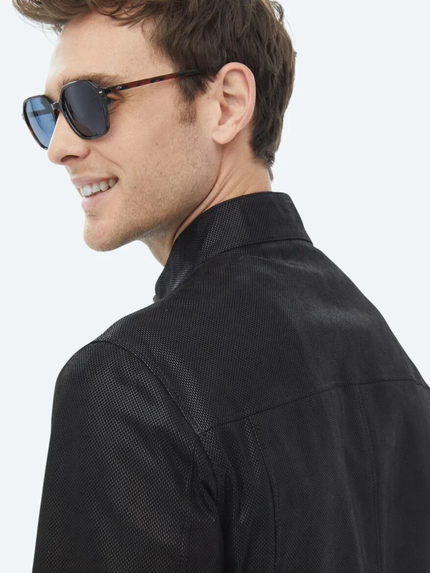 Siyah Dik Yaka Smart Casual Çift Taraflı Deri Mont - 15