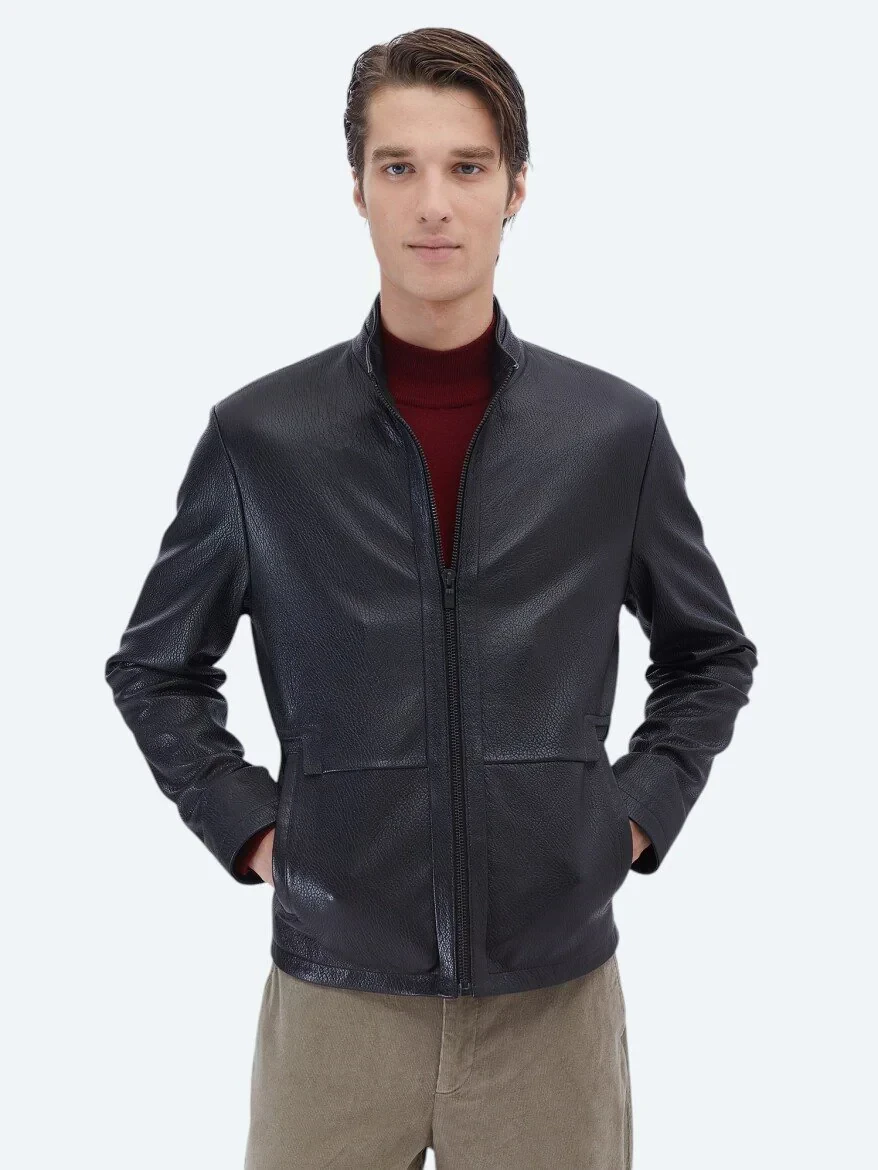 Siyah Dik Yaka Smart Casual Koyun Derisi Deri Mont - 1