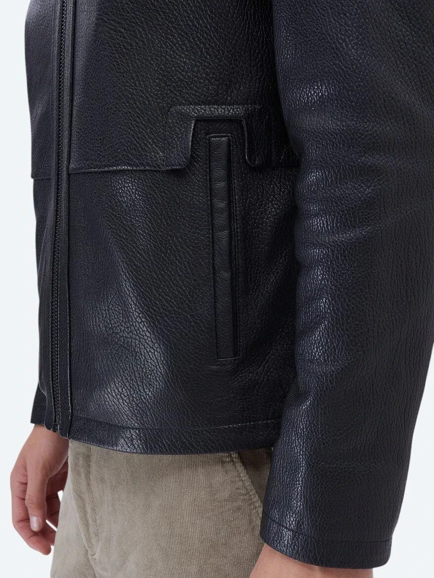 Siyah Dik Yaka Smart Casual Koyun Derisi Deri Mont - 6