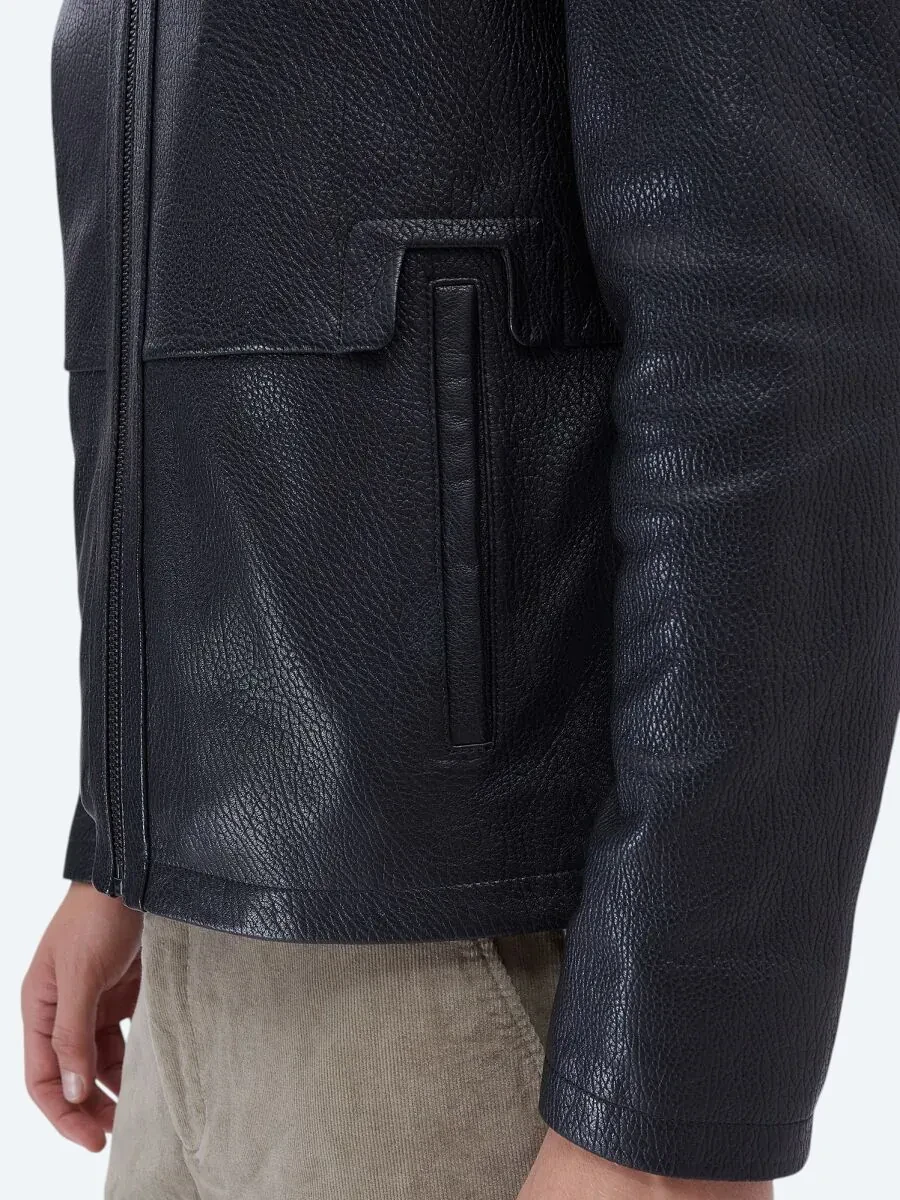 Siyah Dik Yaka Smart Casual Koyun Derisi Deri Mont - 6