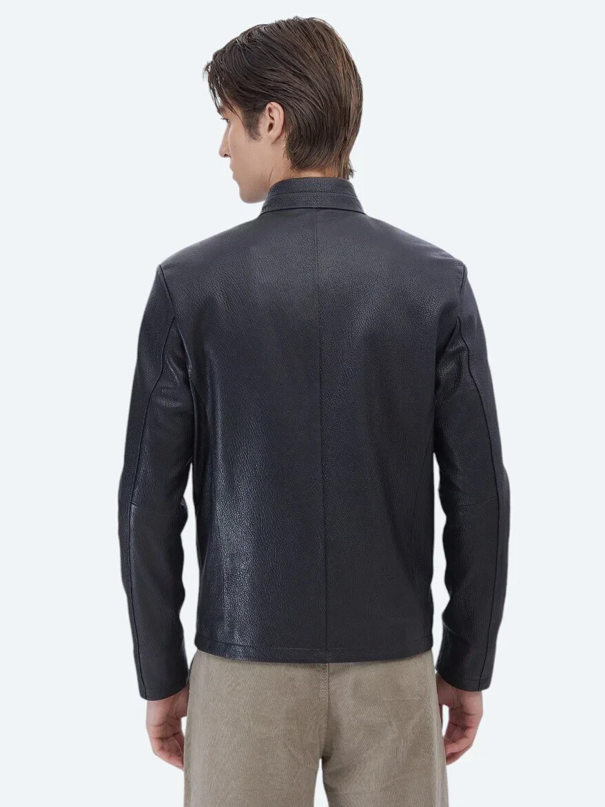 Siyah Dik Yaka Smart Casual Koyun Derisi Deri Mont - 7