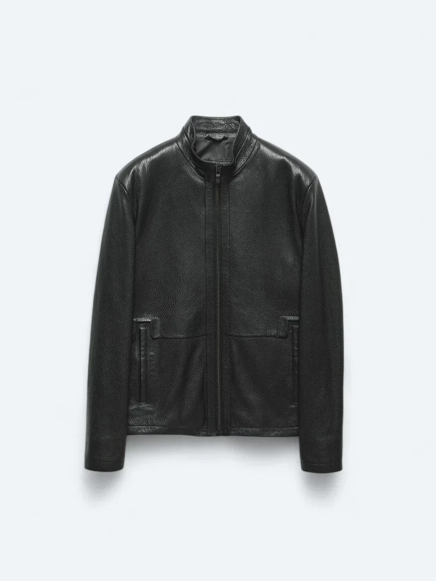 Siyah Dik Yaka Smart Casual Koyun Derisi Deri Mont - 8