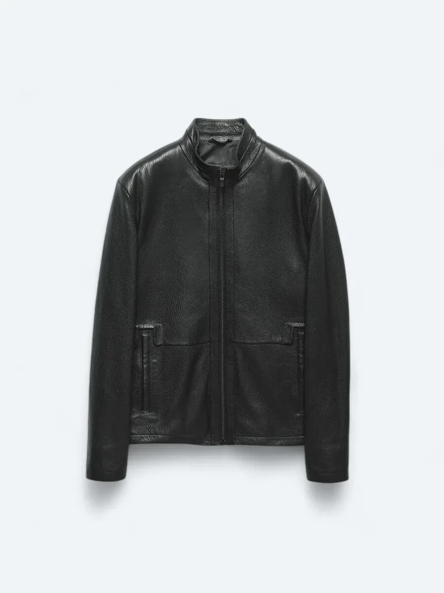 Siyah Dik Yaka Smart Casual Koyun Derisi Deri Mont - 8