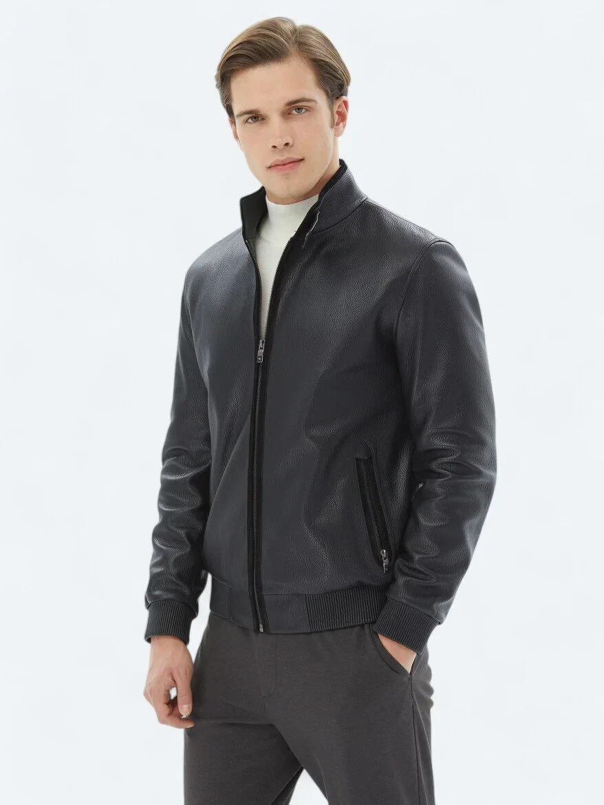 Siyah Dik Yaka Smart Casual Koyun Derisi Deri Mont - 4