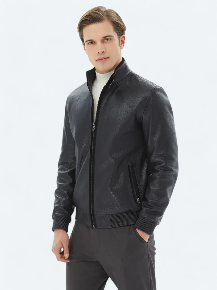 Siyah Dik Yaka Smart Casual Koyun Derisi Deri Mont - 4