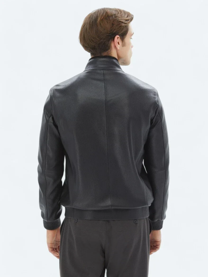Siyah Dik Yaka Smart Casual Koyun Derisi Deri Mont - 7