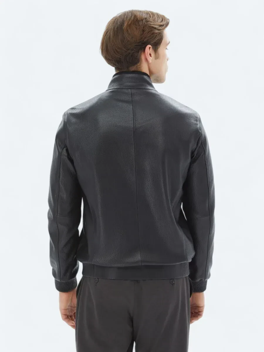 Siyah Dik Yaka Smart Casual Koyun Derisi Deri Mont - 7