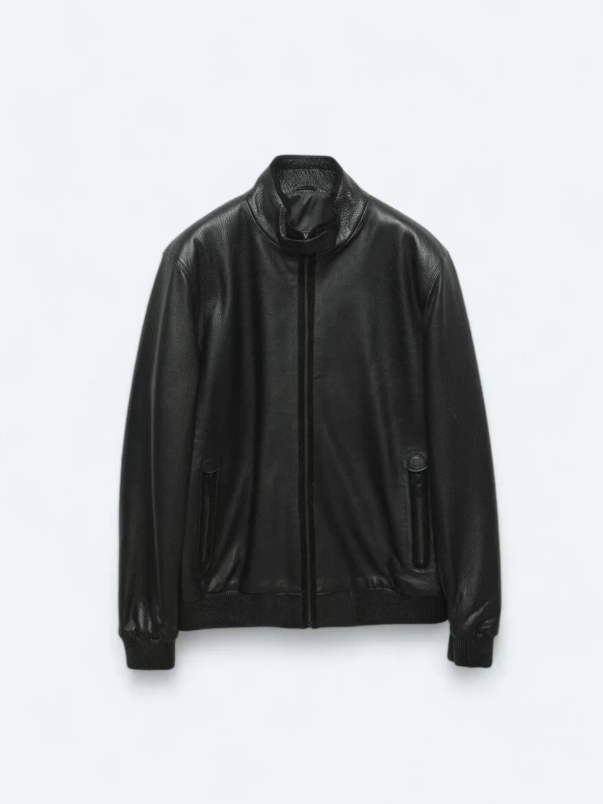 Siyah Dik Yaka Smart Casual Koyun Derisi Deri Mont - 8
